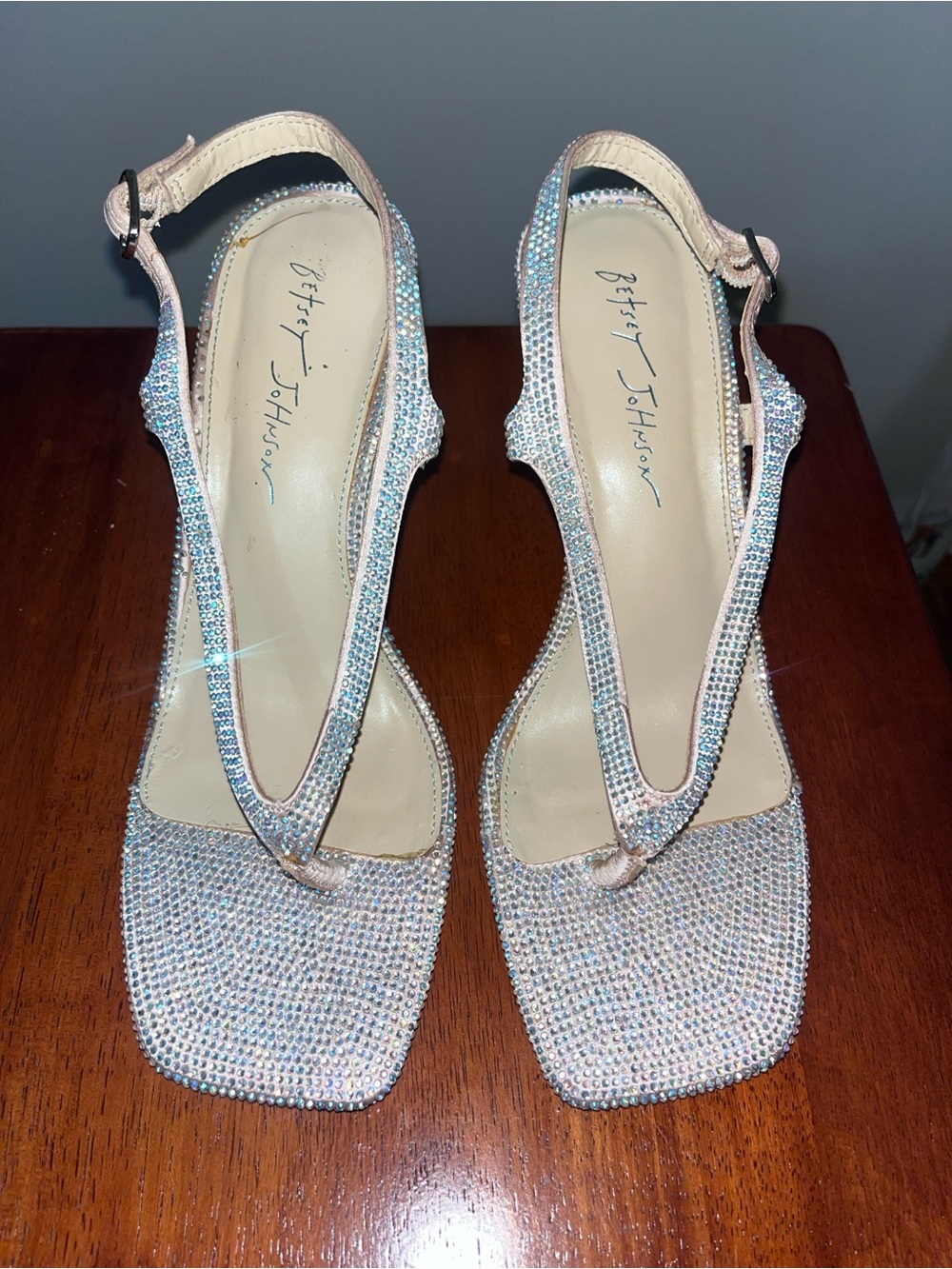 Betsey Johnson Iridescent Crystal T-Strap Slingback Heels 8.5M